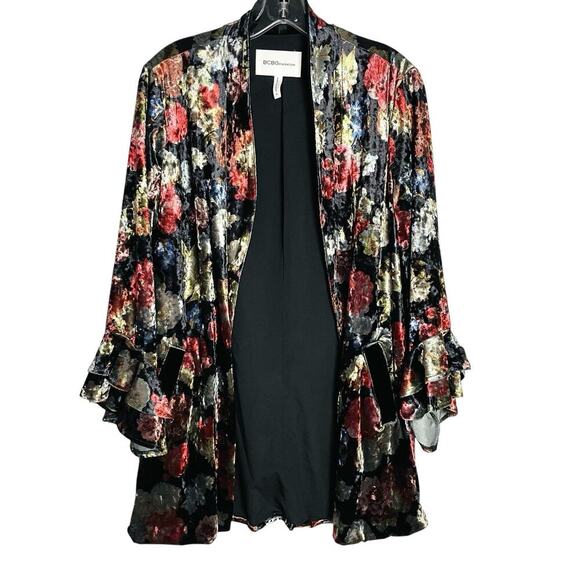 BCBG Generation Velvet Jacket Womens M Moody Floral Ruffle Sleeves Pockets - Picture 2 of 10
